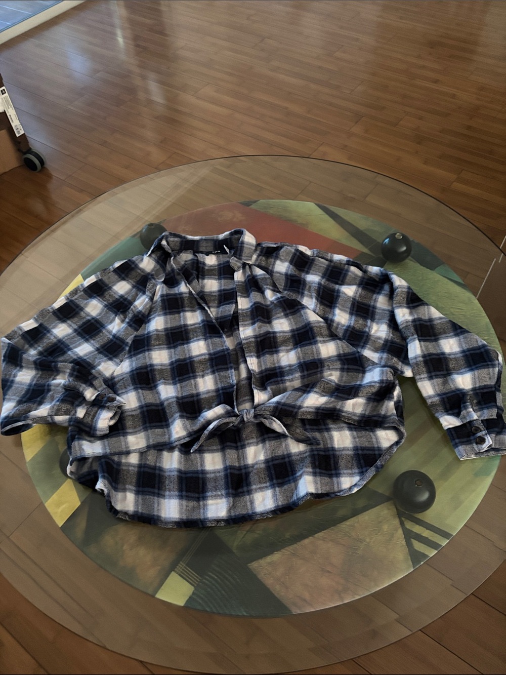 BDG Navy and White Plaid Button-Down Shirt with Front Tie
